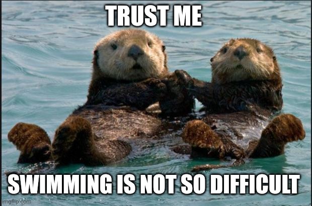 Otter Couple | TRUST ME; SWIMMING IS NOT SO DIFFICULT | image tagged in otter couple | made w/ Imgflip meme maker