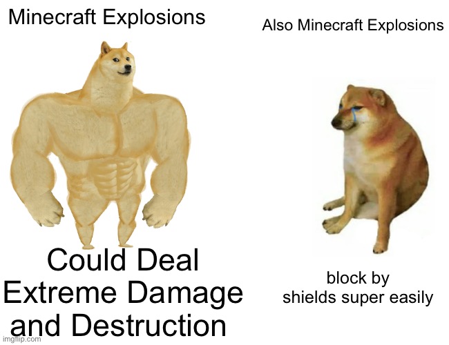 How Minecrafters React when Their Place is Nuked? Use the Shield | Minecraft Explosions; Also Minecraft Explosions; Could Deal Extreme Damage and Destruction; block by shields super easily | image tagged in memes,buff doge vs cheems | made w/ Imgflip meme maker