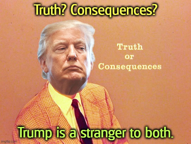 Trump should stop slanging the judges that are trying him. His age is showing. | Truth? Consequences? Trump is a stranger to both. | image tagged in donald trump,truth,consequences,liar | made w/ Imgflip meme maker
