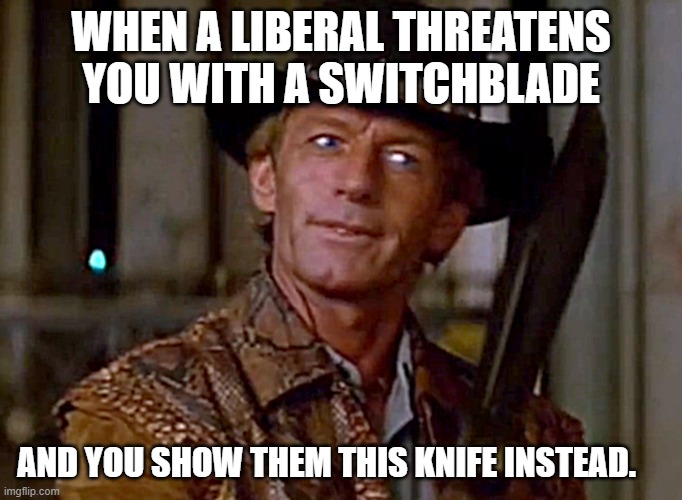 Paul Hogan!! | WHEN A LIBERAL THREATENS YOU WITH A SWITCHBLADE; AND YOU SHOW THEM THIS KNIFE INSTEAD. | image tagged in crocodile dundee knife,liberals,knife | made w/ Imgflip meme maker