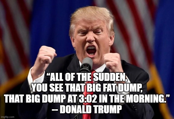 “ALL OF THE SUDDEN, YOU SEE THAT BIG FAT DUMP, THAT BIG DUMP AT 3:02 IN THE MORNING.”
-- DONALD TRUMP | image tagged in trump,dump,fat | made w/ Imgflip meme maker