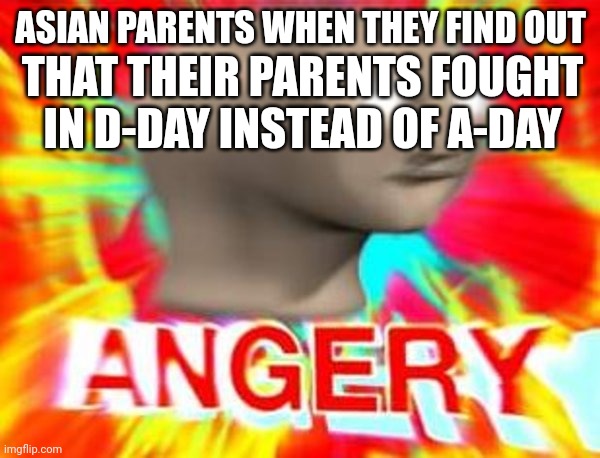Study for war | ASIAN PARENTS WHEN THEY FIND OUT; THAT THEIR PARENTS FOUGHT IN D-DAY INSTEAD OF A-DAY | image tagged in surreal angery,d-day | made w/ Imgflip meme maker
