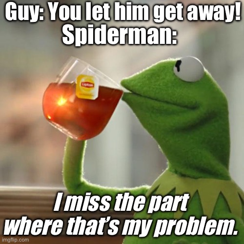 none of my business | Guy: You let him get away! Spiderman:; I miss the part where that’s my problem. | image tagged in memes,but that's none of my business,spiderman | made w/ Imgflip meme maker