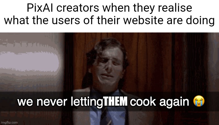we never letting him cook again | PixAI creators when they realise what the users of their website are doing; THEM | made w/ Imgflip meme maker