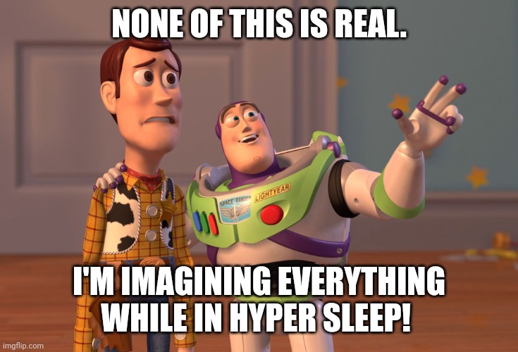 X, X Everywhere | NONE OF THIS IS REAL. I'M IMAGINING EVERYTHING WHILE IN HYPER SLEEP! | image tagged in memes,x x everywhere | made w/ Imgflip meme maker