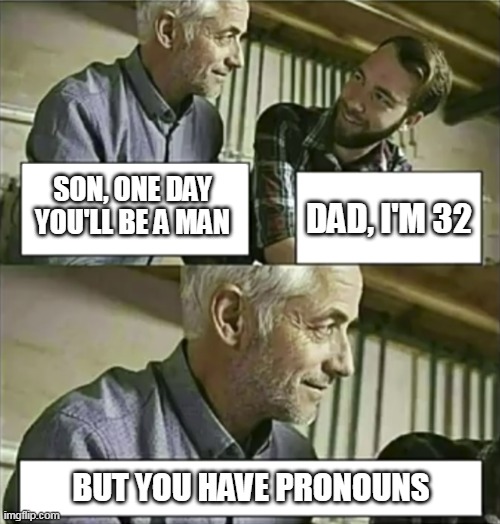 but you have pronouns | SON, ONE DAY YOU'LL BE A MAN; DAD, I'M 32; BUT YOU HAVE PRONOUNS | image tagged in one day you will be a man | made w/ Imgflip meme maker