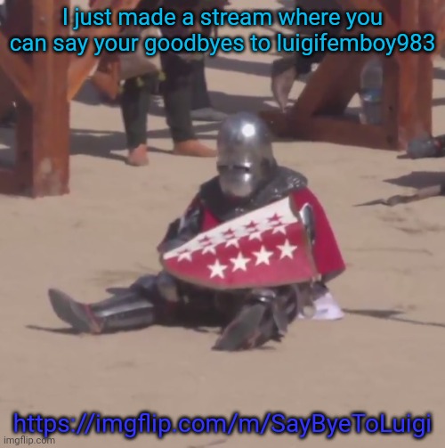 Sad crusader noises | I just made a stream where you can say your goodbyes to luigifemboy983; https://imgflip.com/m/SayByeToLuigi | image tagged in sad crusader noises | made w/ Imgflip meme maker