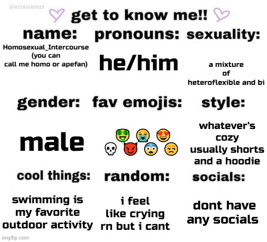 get to know me | Homosexual_Intercourse (you can call me homo or apefan); a mixture of heteroflexible and bi; he/him; whatever's cozy usually shorts and a hoodie; male; 🤑 😭 😍 💀 😈 😨 😒; swimming is my favorite outdoor activity; dont have any socials; i feel like crying rn but i cant | image tagged in get to know me | made w/ Imgflip meme maker