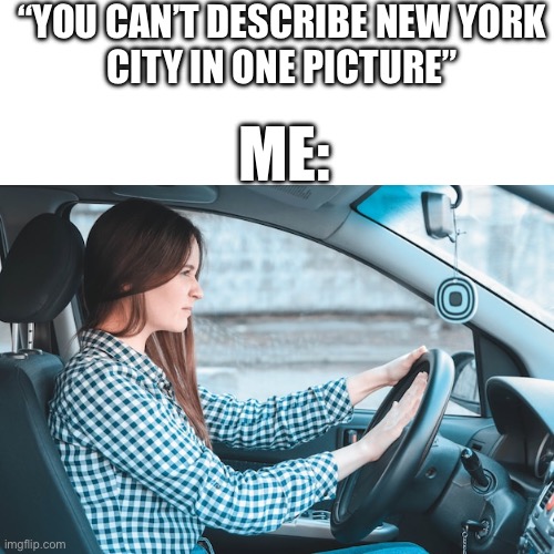 New York City be like | “YOU CAN’T DESCRIBE NEW YORK
CITY IN ONE PICTURE”; ME: | image tagged in woman honks car horn,new york city,cars,honk,horn,relatable | made w/ Imgflip meme maker