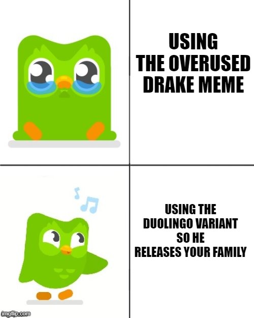 Duolingo Drake meme | USING THE OVERUSED DRAKE MEME USING THE DUOLINGO VARIANT SO HE RELEASES YOUR FAMILY | image tagged in duolingo drake meme | made w/ Imgflip meme maker