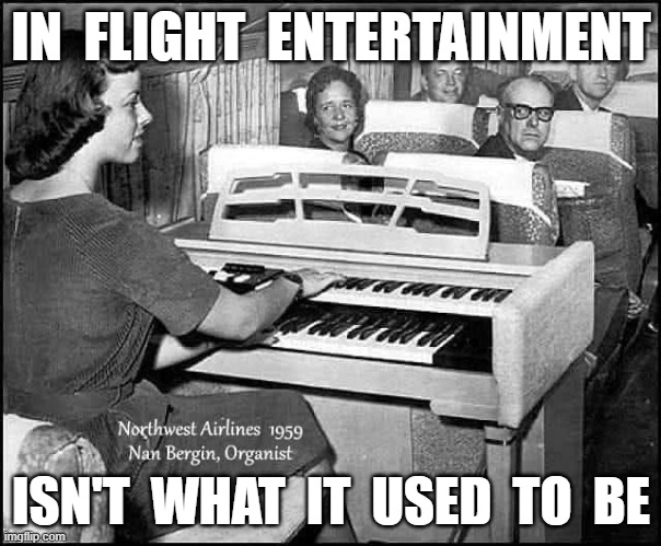 Air flight | IN  FLIGHT  ENTERTAINMENT; ISN'T  WHAT  IT  USED  TO  BE | image tagged in flight attendant | made w/ Imgflip meme maker