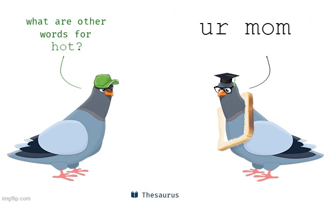 Good answer... | ur mom; hot? | image tagged in what are other words for,memes,thesaurus,pigeon,pigeons,your mom | made w/ Imgflip meme maker