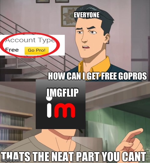 So Free gopros was a lie | EVERYONE; HOW CAN I GET FREE GOPROS; IMGFLIP; THATS THE NEAT PART YOU CANT | image tagged in free gopro | made w/ Imgflip meme maker