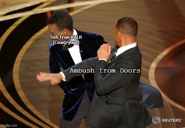 Russian Alphabet Lore Meme. | Deh from RALR (Countryball); Ambush from Doors | image tagged in will smith punching chris rock | made w/ Imgflip meme maker