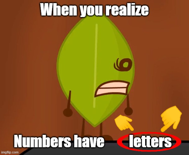 BRUH | When you realize; Numbers have         letters | image tagged in bfdi wat face | made w/ Imgflip meme maker