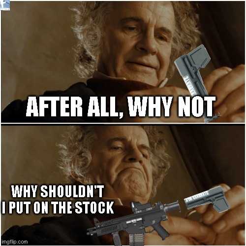 Bilbo - Why shouldn’t I keep it? | AFTER ALL, WHY NOT; WHY SHOULDN'T I PUT ON THE STOCK | image tagged in bilbo - why shouldn t i keep it | made w/ Imgflip meme maker