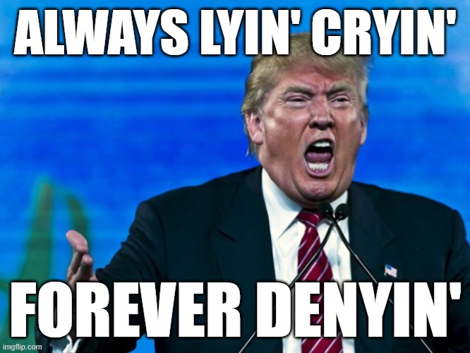 non-stop trump yelling lies to his RINO MAGA-TARDS | ALWAYS LYIN' CRYIN'; FOREVER DENYIN' | image tagged in trump yelling,maga,rino,dictator,fascist,lies | made w/ Imgflip meme maker