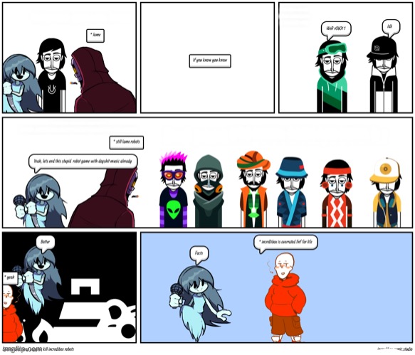 Check desc if you cant read | 3RD PANEL: STUPID ROBOT: WHER RBOT 1
LAME ROBOT 2: IDK; 1st panel: papyrus: lame; 2nd panel: if you know you know; 4TH PANEL: PAPYRUS: STILL LAME
SPOOKY: LETS END THIS CRAPPY DOGSHIT MUSIC ROBOT GAME ALREADY; 6TH PANEL: SAME FOR PANEL 5; 5TH PANEL: 
YOU CAN ZOOM IN AND READ IT | image tagged in check the title | made w/ Imgflip meme maker