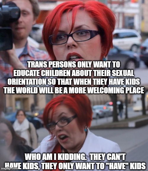 TRANS PERSONS ONLY WANT TO EDUCATE CHILDREN ABOUT THEIR SEXUAL ORIENTATION SO THAT WHEN THEY HAVE KIDS THE WORLD WILL BE A MORE WELCOMING PLACE; WHO AM I KIDDING.  THEY CAN'T HAVE KIDS, THEY ONLY WANT TO "HAVE" KIDS | image tagged in angry feminist,angry redhead feminist | made w/ Imgflip meme maker