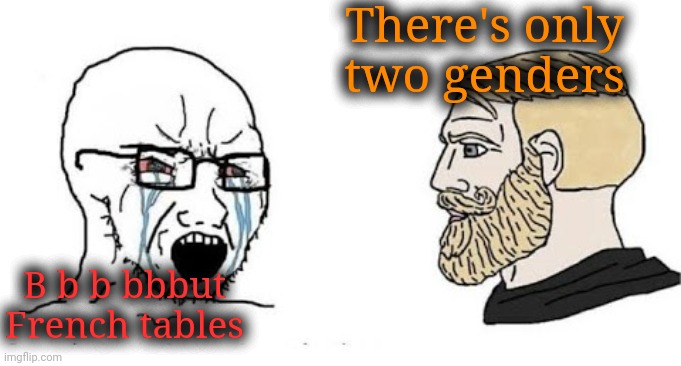 New cope for Democrat cult members has just dropped. French tables!!! | There's only two genders; B b b bbbut French tables | image tagged in soyjak vs chad,comment disabled cuck,scumbag democrats,laughable | made w/ Imgflip meme maker