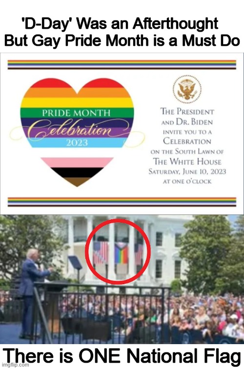 Priorities | 'D-Day' Was an Afterthought 
But Gay Pride Month is a Must Do; There is ONE National Flag | image tagged in politics,white house,joe biden,gay flag,agenda,priorities | made w/ Imgflip meme maker