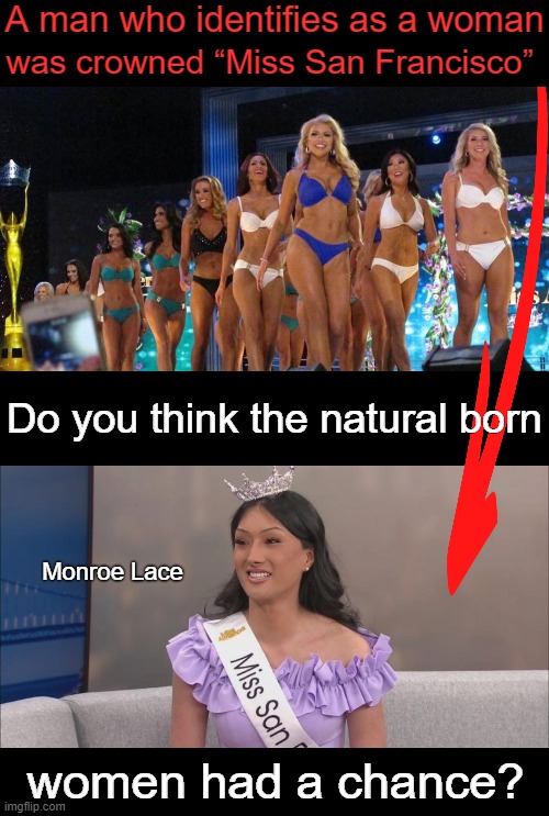I Identify As a Realist and The Agenda is Real. | A man who identifies as a woman; was crowned “Miss San Francisco”; Do you think the natural born; Monroe Lace; women had a chance? | image tagged in political meme,identity crisis,women,san francisco,agenda,confused confusing confusion | made w/ Imgflip meme maker