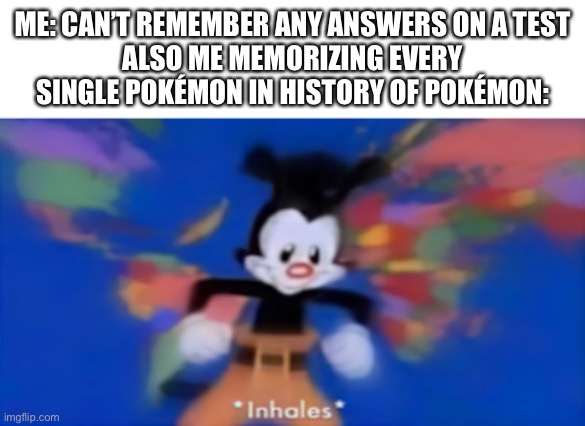 *inhales* *starts shouting the names of all Pokémon* | ME: CAN’T REMEMBER ANY ANSWERS ON A TEST
ALSO ME MEMORIZING EVERY SINGLE POKÉMON IN HISTORY OF POKÉMON: | image tagged in yakko inhale | made w/ Imgflip meme maker