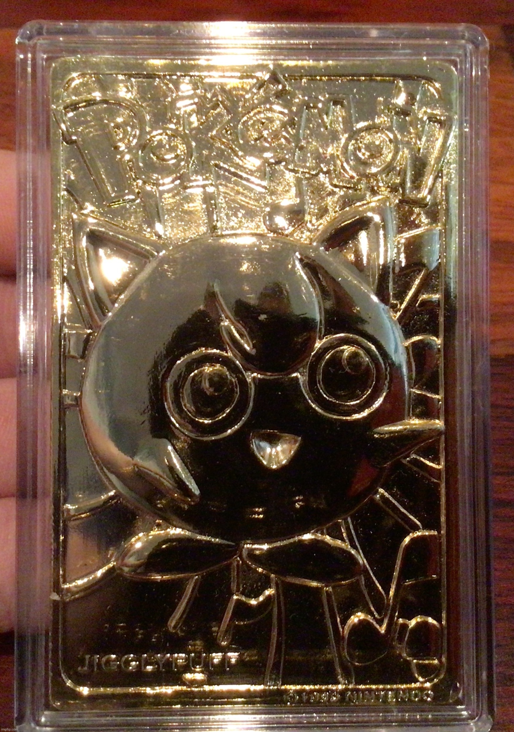 23k gold plated Jigglypuff! 25 upvotes for next card | image tagged in gold,pokemon card,pokemon | made w/ Imgflip meme maker