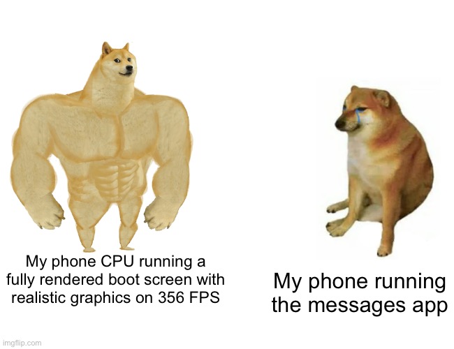 Them Samsung phones though | My phone CPU running a fully rendered boot screen with realistic graphics on 356 FPS; My phone running the messages app | image tagged in memes,buff doge vs cheems | made w/ Imgflip meme maker