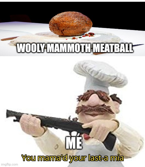 Wooly mammoth meatball | WOOLY MAMMOTH MEATBALL; ME | image tagged in you mama'd your last-a mia | made w/ Imgflip meme maker