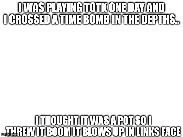 I WAS PLAYING TOTK ONE DAY AND I CROSSED A TIME BOMB IN THE DEPTHS.. I THOUGHT IT WAS A POT SO I THREW IT BOOM IT BLOWS UP IN LINKS FACE | made w/ Imgflip meme maker