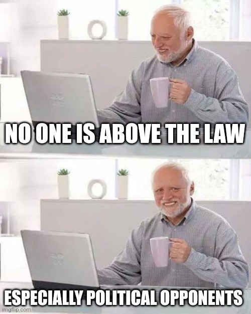 Hide the Pain Harold Meme | NO ONE IS ABOVE THE LAW; ESPECIALLY POLITICAL OPPONENTS | image tagged in memes,hide the pain harold | made w/ Imgflip meme maker