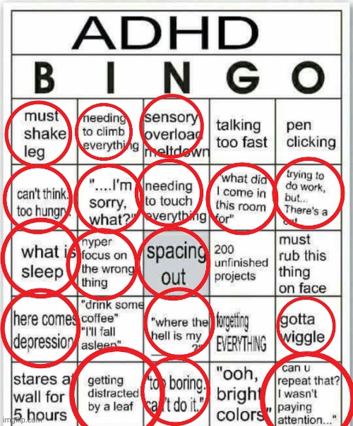 I'm Actually Autistic but there's no Autism bingo option, so... | image tagged in adhd bingo | made w/ Imgflip meme maker