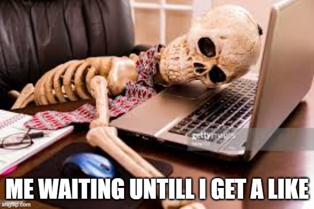 me waiting for likes | ME WAITING UNTILL I GET A LIKE | image tagged in likes,waiting skeleton,skeleton,computer,dead | made w/ Imgflip meme maker