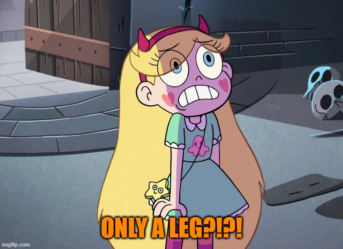Star Butterfly freaked out | ONLY A LEG?!?! | image tagged in star butterfly freaked out | made w/ Imgflip meme maker