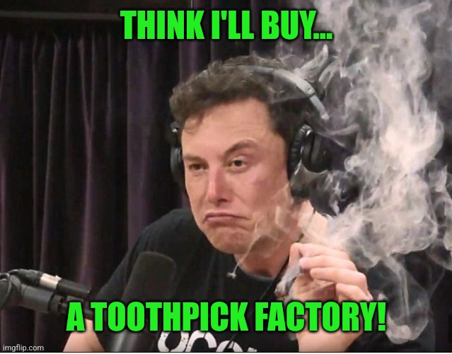 Elon Musk smoking a joint | THINK I'LL BUY... A TOOTHPICK FACTORY! | image tagged in elon musk smoking a joint | made w/ Imgflip meme maker