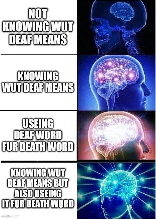 deaf be like: | NOT KNOWING WUT DEAF MEANS; KNOWING WUT DEAF MEANS; USEING DEAF WORD FUR DEATH WORD; KNOWING WUT DEAF MEANS BUT ALSO USEING IT FUR DEATH WORD | image tagged in memes,expanding brain,deaf,death,idk | made w/ Imgflip meme maker