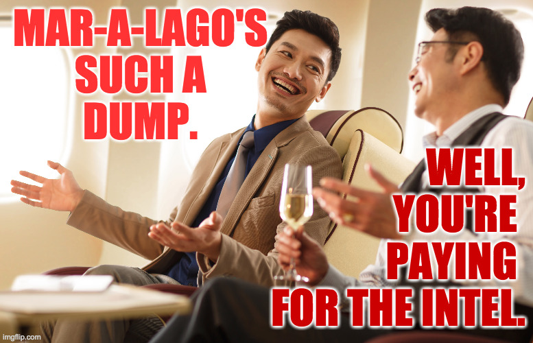 MAR-A-LAGO'S
SUCH A
DUMP. WELL,
YOU'RE 
PAYING 
FOR THE INTEL. | made w/ Imgflip meme maker