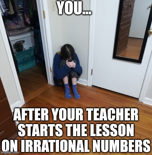As if numbers are not confusing enough already | YOU... AFTER YOUR TEACHER STARTS THE LESSON ON IRRATIONAL NUMBERS | image tagged in teen crying in corner with phone,numbers,confusion,mathematics | made w/ Imgflip meme maker