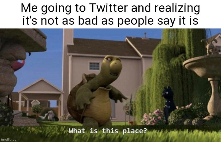 What the... | Me going to Twitter and realizing it's not as bad as people say it is | image tagged in what is this place | made w/ Imgflip meme maker