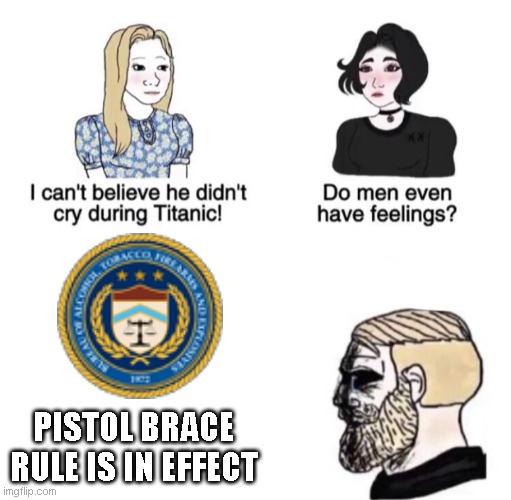 Chad crying | PISTOL BRACE RULE IS IN EFFECT | image tagged in chad crying | made w/ Imgflip meme maker