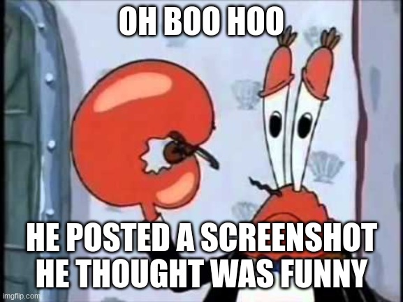 Mr. Krabs-Oh boo hoo.  This is the worlds smallest violin and it | OH BOO HOO; HE POSTED A SCREENSHOT HE THOUGHT WAS FUNNY | image tagged in mr krabs-oh boo hoo this is the worlds smallest violin and it | made w/ Imgflip meme maker