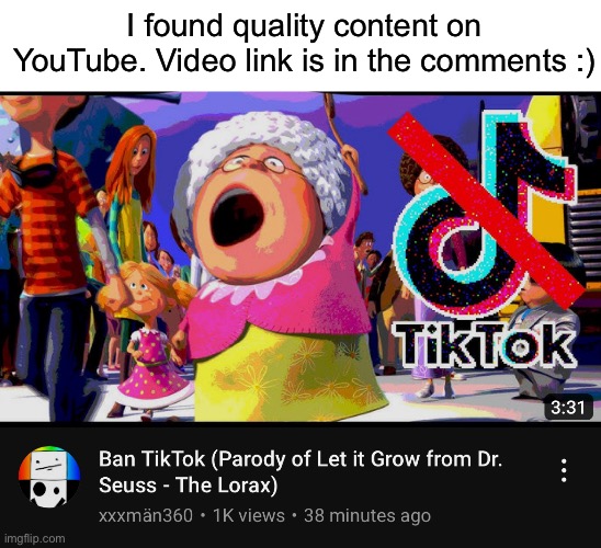 W Youtube | I found quality content on YouTube. Video link is in the comments :) | image tagged in tiktok sucks,youtube,xxxman360 | made w/ Imgflip meme maker