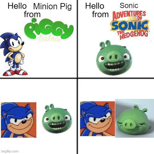 Smug AOSTH Sonic and PT Minion Pig | Sonic; Minion Pig | image tagged in hello person from,sonic the hedgehog,angry birds,bad piggies,smug face | made w/ Imgflip meme maker
