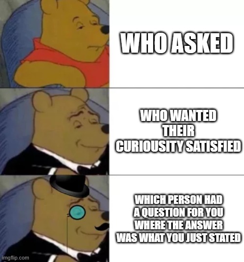 fancy pooh | WHO ASKED; WHO WANTED THEIR CURIOUSITY SATISFIED; WHICH PERSON HAD A QUESTION FOR YOU WHERE THE ANSWER WAS WHAT YOU JUST STATED | image tagged in fancy pooh | made w/ Imgflip meme maker