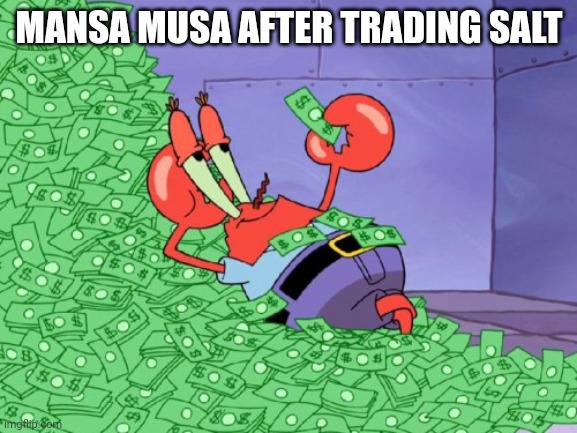 mr krabs money | MANSA MUSA AFTER TRADING SALT | image tagged in mr krabs money,africa,history,money,rich,mansa musa | made w/ Imgflip meme maker