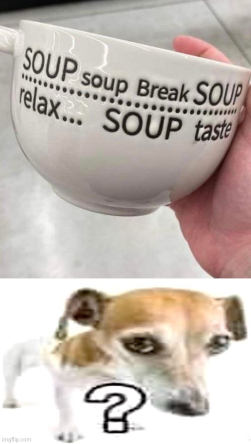 Soup soup break soup relax soup taste | image tagged in question mark jack russell terrier,soup,you had one job,memes,mug,design fails | made w/ Imgflip meme maker