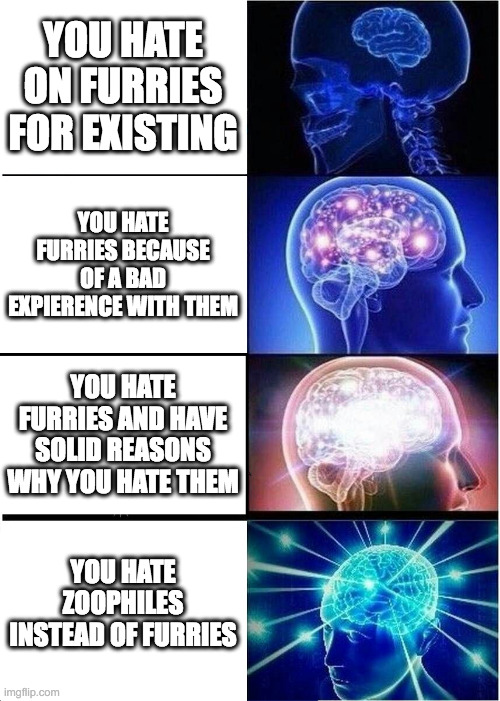 The 4th one is probably gonna trigger anti-furries | YOU HATE ON FURRIES FOR EXISTING; YOU HATE FURRIES BECAUSE OF A BAD EXPIERENCE WITH THEM; YOU HATE FURRIES AND HAVE SOLID REASONS WHY YOU HATE THEM; YOU HATE ZOOPHILES INSTEAD OF FURRIES | image tagged in memes,expanding brain,anti furry,anti zoophile,furry,so true memes | made w/ Imgflip meme maker