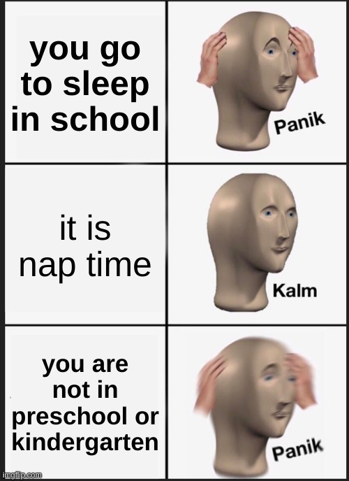 nap time? | you go to sleep in school; it is nap time; you are not in preschool or kindergarten | image tagged in memes,panik kalm panik | made w/ Imgflip meme maker