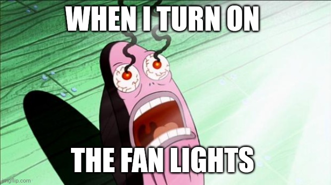 The fan lights burn!!!! | WHEN I TURN ON; THE FAN LIGHTS | image tagged in spongebob my eyes | made w/ Imgflip meme maker